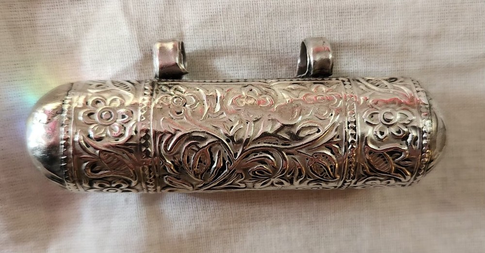 Antique Silver Amulet Case, Hirz, Scroll Holder Pendant With Something Inside