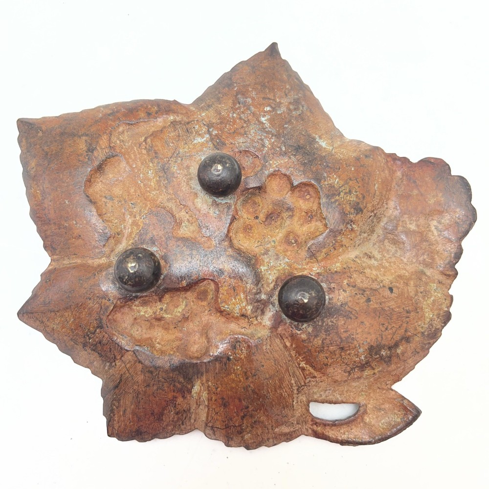Vtg Rustic Cast Iron Footed Dish with Grape Bunches & Leaves