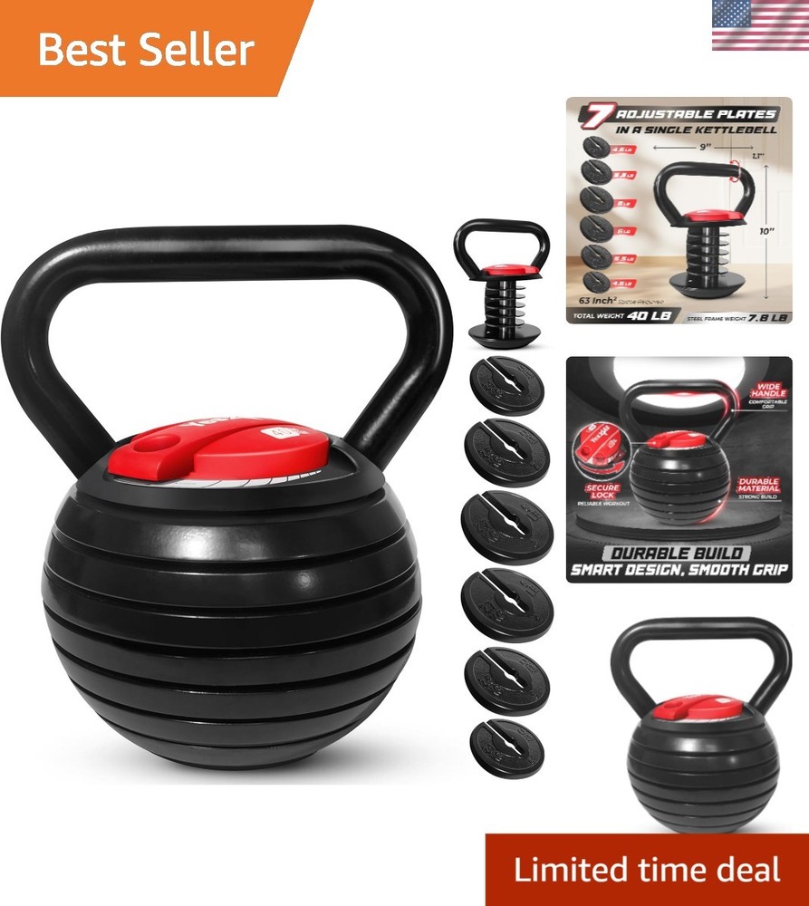 Adjustable Kettlebell Set, 20–40 LB Weight Set, Solid Cast Iron Handle with S...