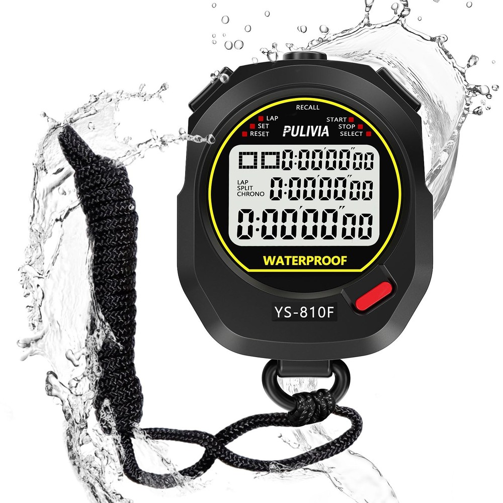PULIVIA Waterproof Stopwatch Timer 10 Lap Split Memory Digital Stop Black