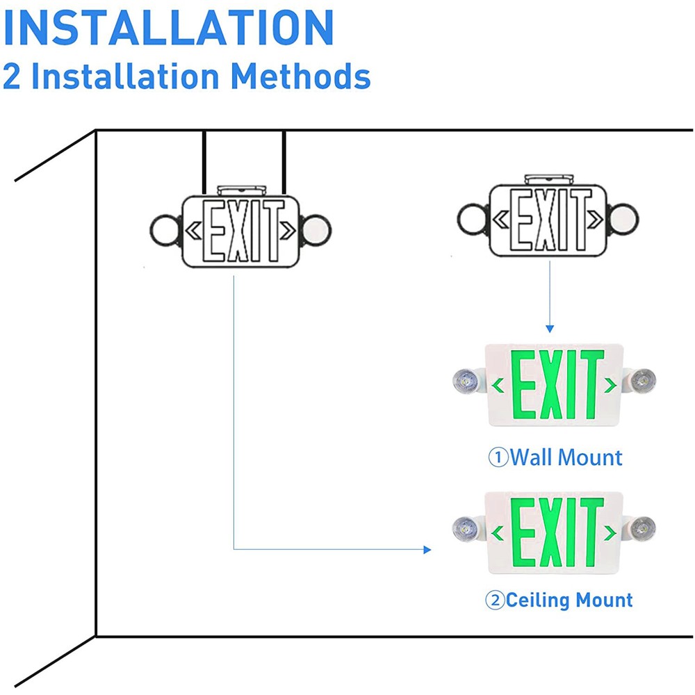 4PACK Green Exit Sign Emergency Light Combo ABS Fire Safety 90m Backup UL listed