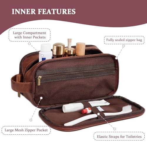 Leather Toiletry Bag for Men, Personalized Laserngraved Initials & Red Brown E