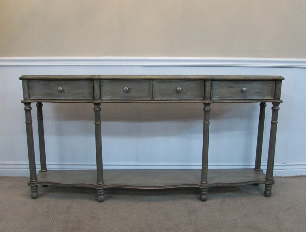 DECORATORS TWO TIER CONSOLE, SOFA TABLE, THREE DRAWERS, GREY FACTORY FINISH