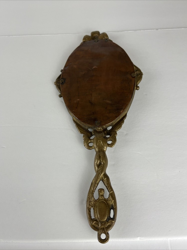 Antique Victorian Solid Brass Handheld Mirror With Cherubs