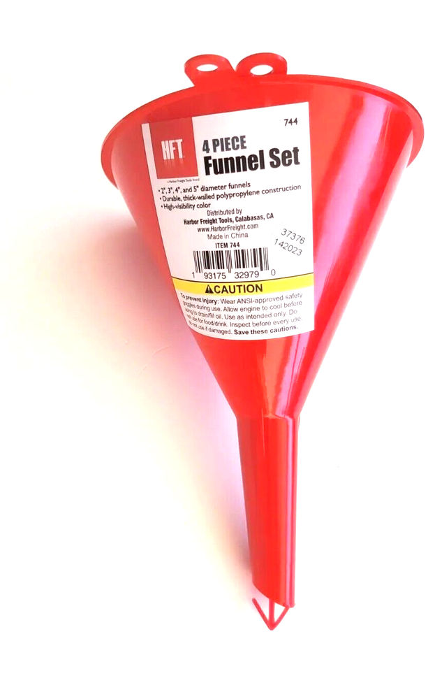Funnel Set 4pc 2",3"4" and 5" diameter Funnels. With 4 Chromed Hanging Hook