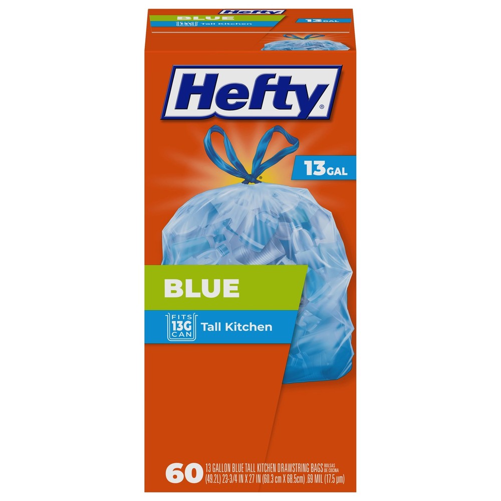 Hefty 13 Gallon Blue Trash Bags 60 Count Secure Drawstring Kitchen Bags