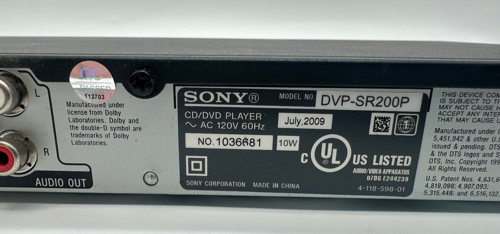 Sony DVD CD Player Model DVP-SR200P - TESTED & WORKS
