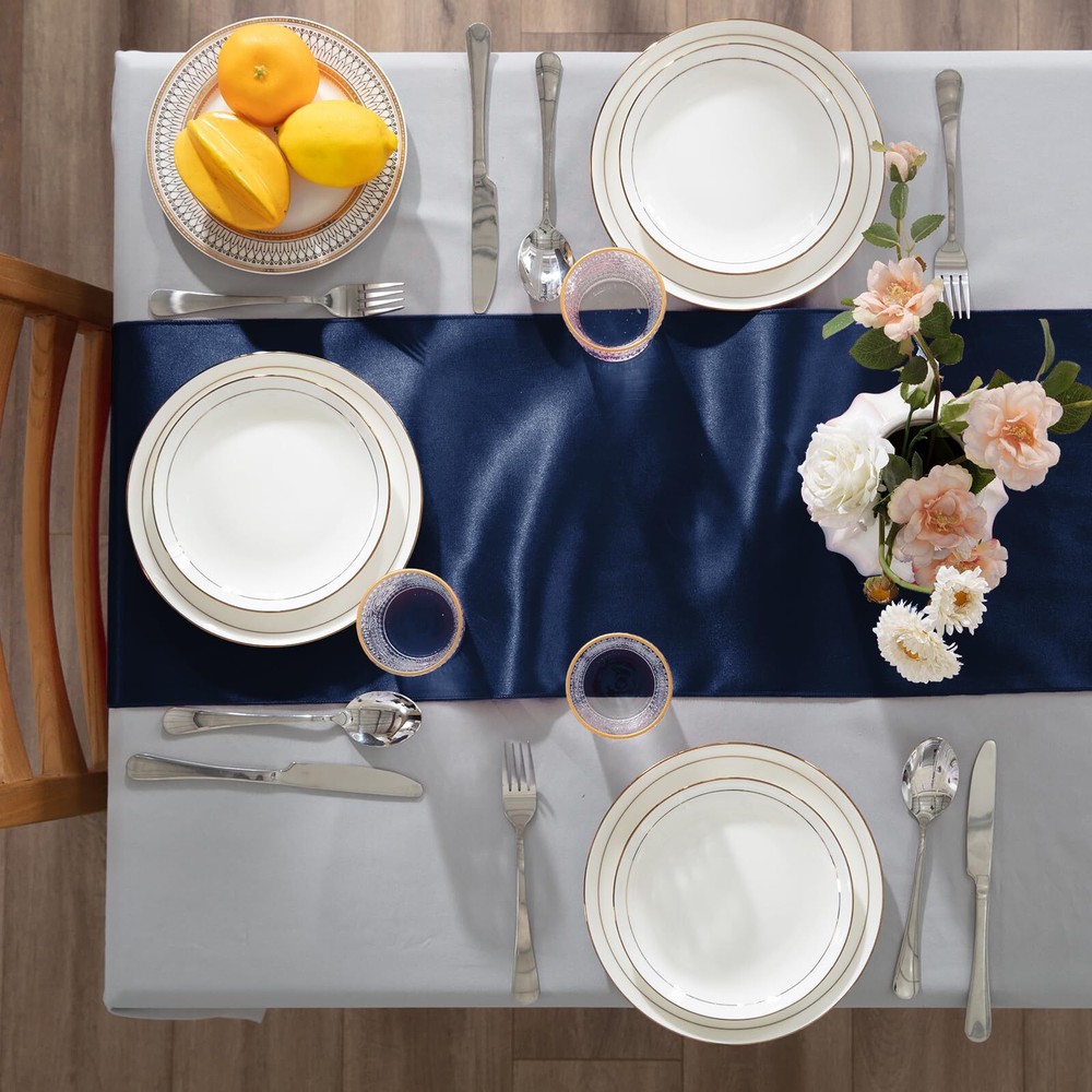 12 Pack Navy Blue Table Runners 12 x 108 Inch Rectangular Smooth Satin Silk T...