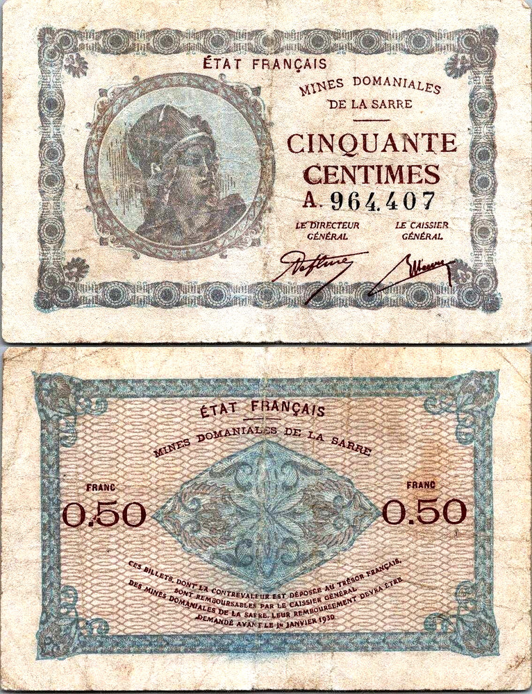 Saar 50 Centimes 1919 Pick# 1 VF