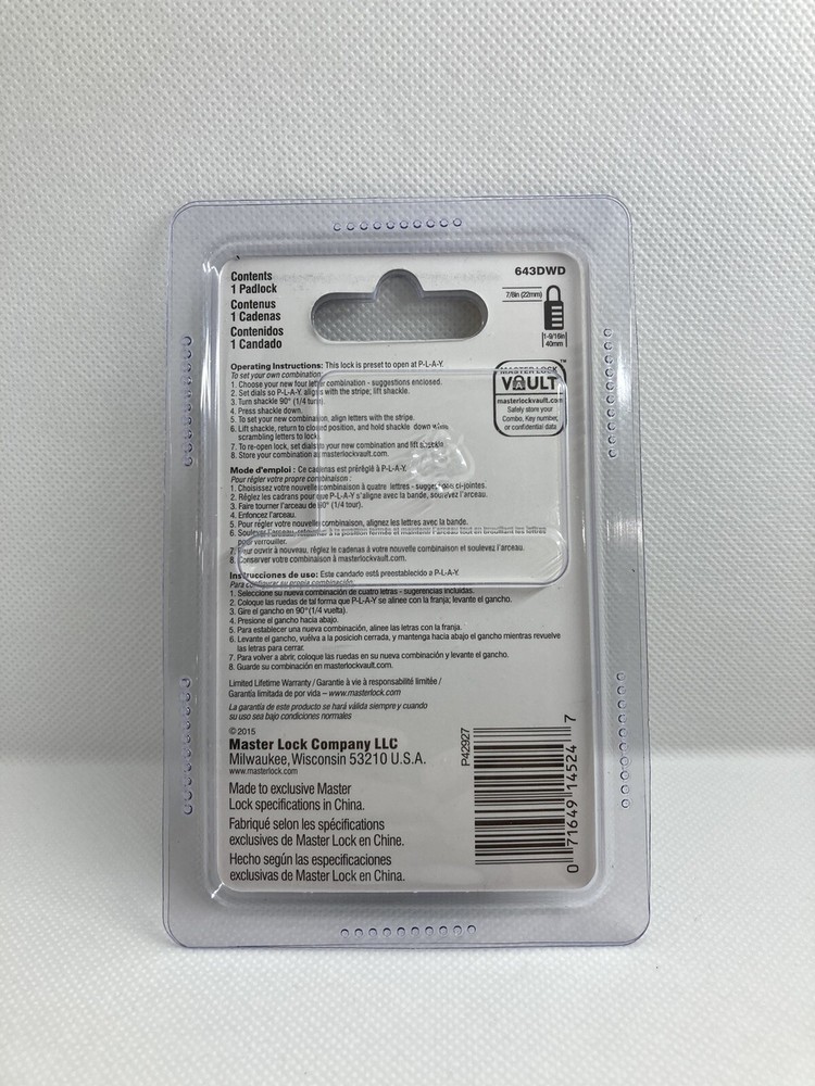 Master Lock Padlock Combo 7/8” Silver Word Combo 643DASTWD