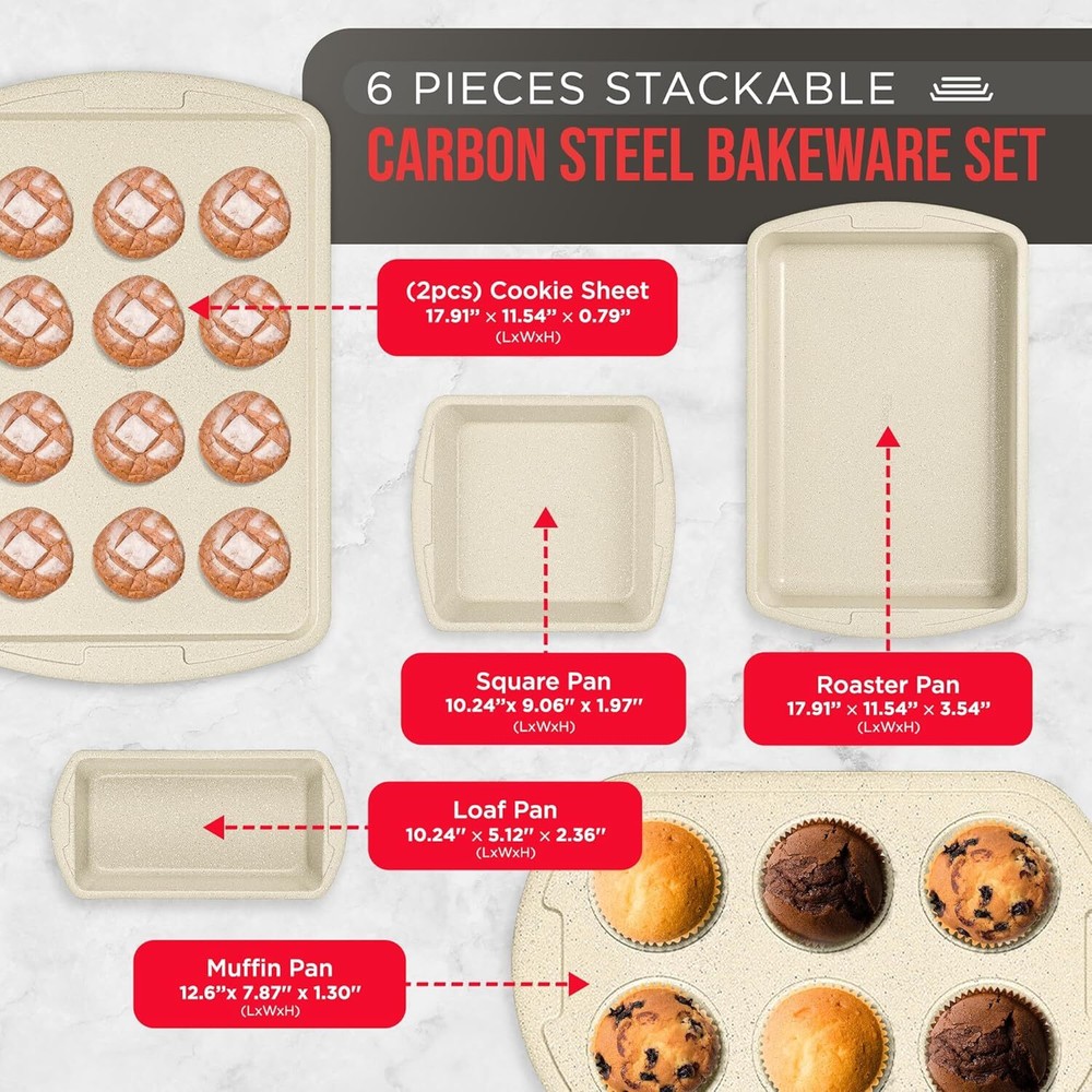 Baking Pan Set of 6 - Stackable, non-stick baking pans for home cooking