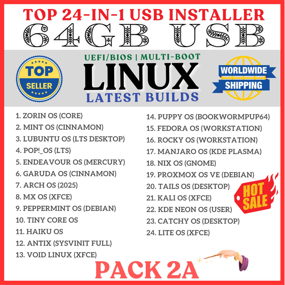 24-in-1 USB LINUX DISTRO MASTER COLLECTION 2025 64GB MULTI-BOOT, UEFI/BIOS SET2A