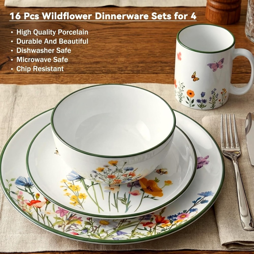 16 Pcs Wildflower Ceramic Dinnerware Set for 4 Guest Floral Dish Set Spring