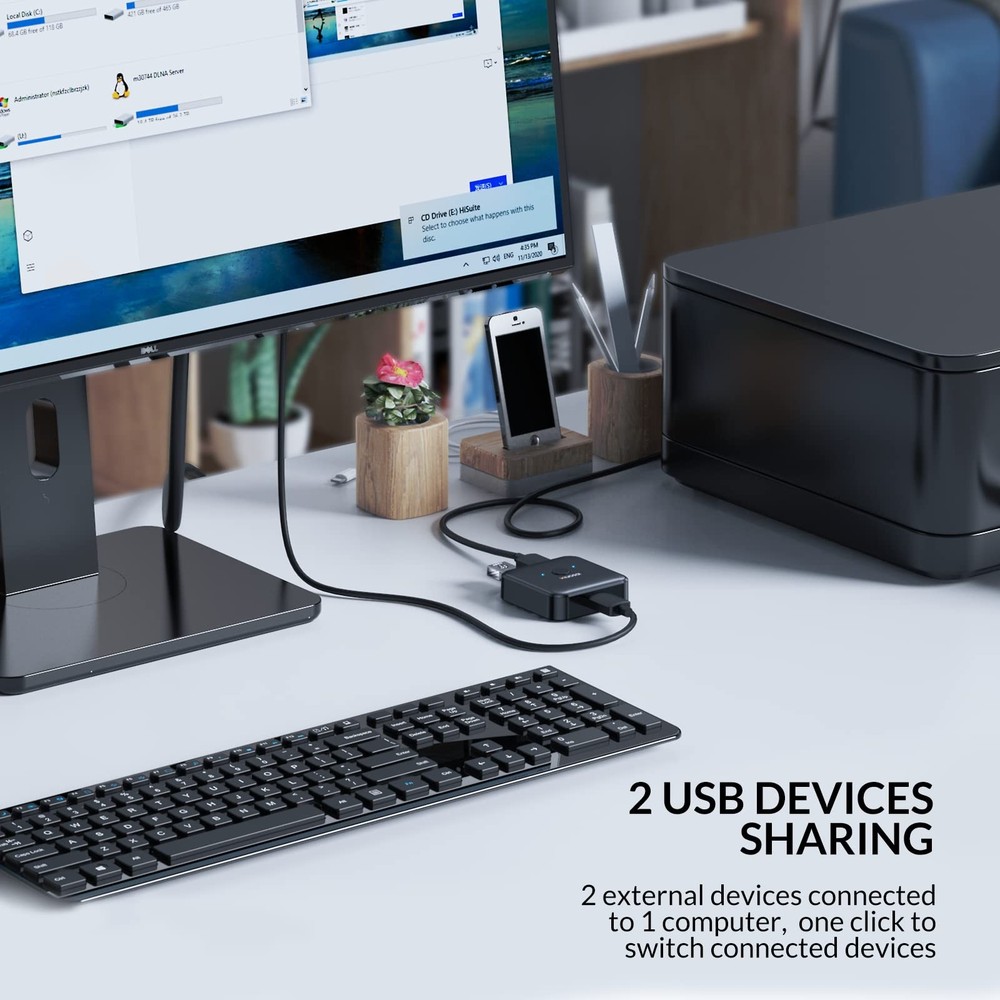 USB 3.0 Switch: 2 PCs Share 1 Device, Printer/Scanner/Keyboard, 2 A to A Cables