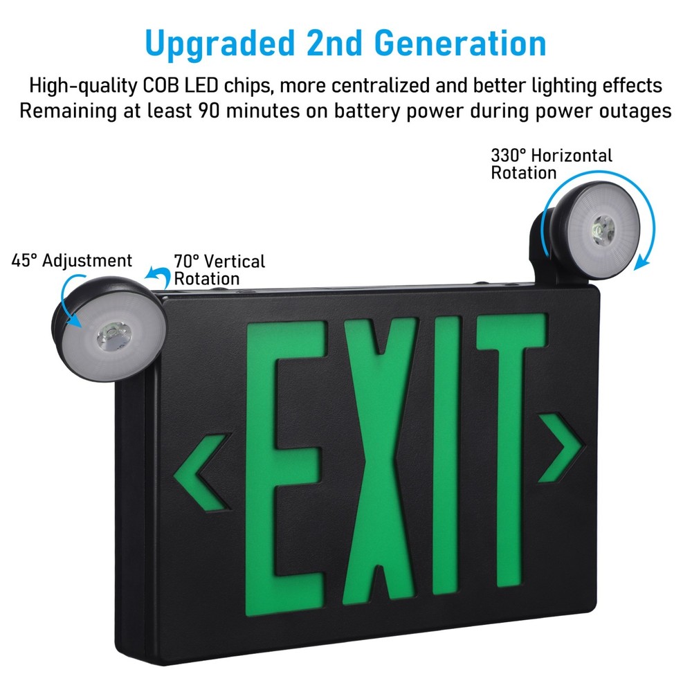 4 Pack Green LED Exit Sign Emergency Lights, Two Adjustable Head, Black