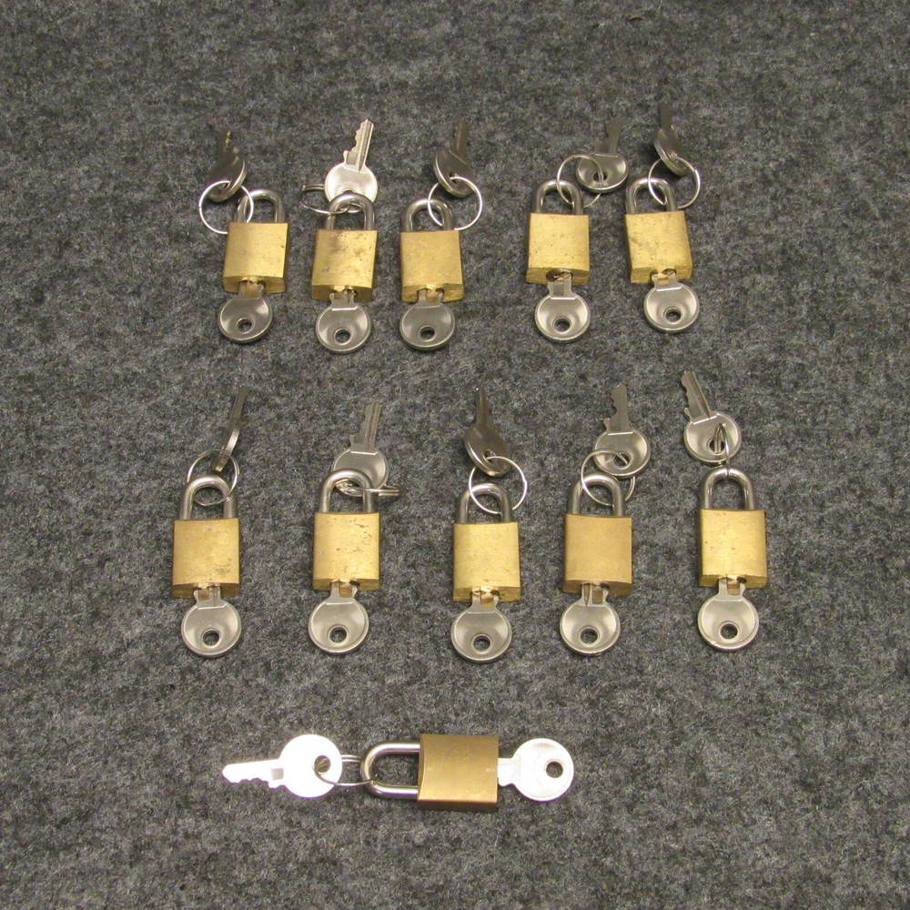 11 Miniature Brass Padlocks w/ Keys Each Keyed Seperately 1-1/4" Display Case