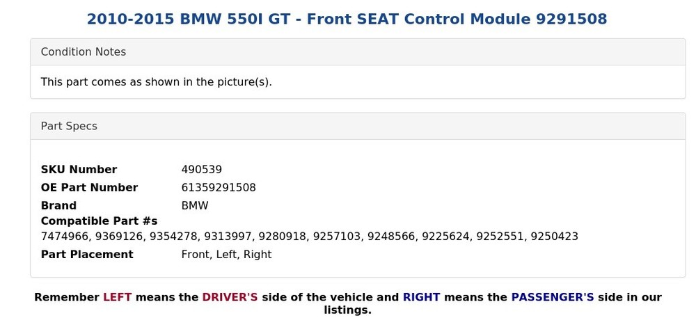 2010-2015 BMW 550I GT - Front SEAT Control Module 9291508