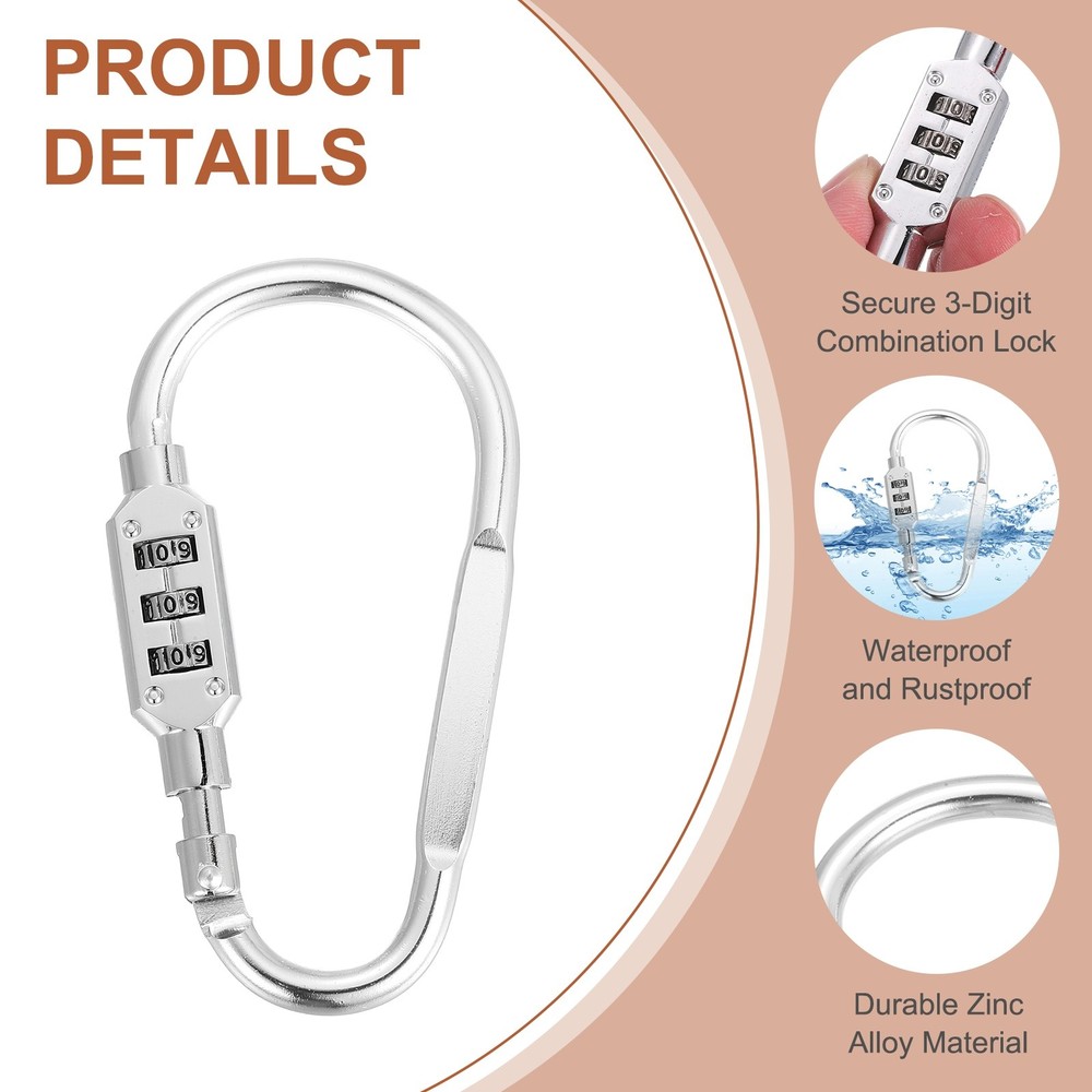 2 Pcs 4.8" x 2.4" D-Shaped 3-Digit Code Combination Lock D-Ring Clip, Silver