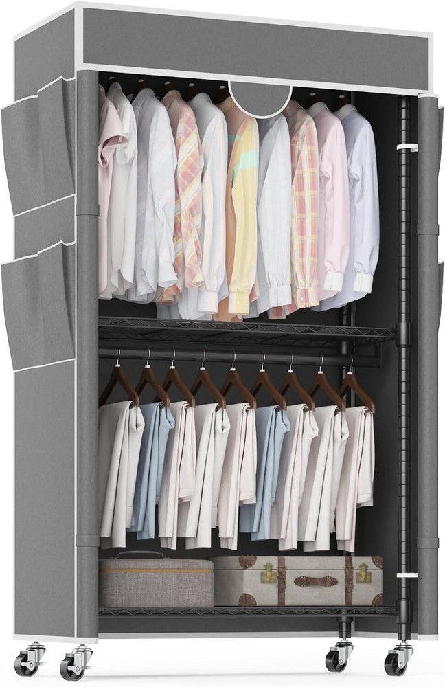 Rolling Garment Rack w/Oxford Fabric & Convenient Side Pockets & Secure Strap#