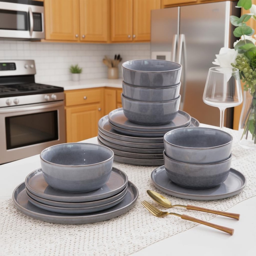 Stoneware Dinnerware Sets,Round Reactive Ceramic Plates and Bowls Sets,Highly...