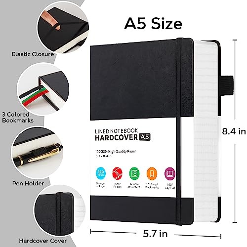 Hardcover Lined Notebook Journal for Writing, 320 Pages Leather A5 2.Black