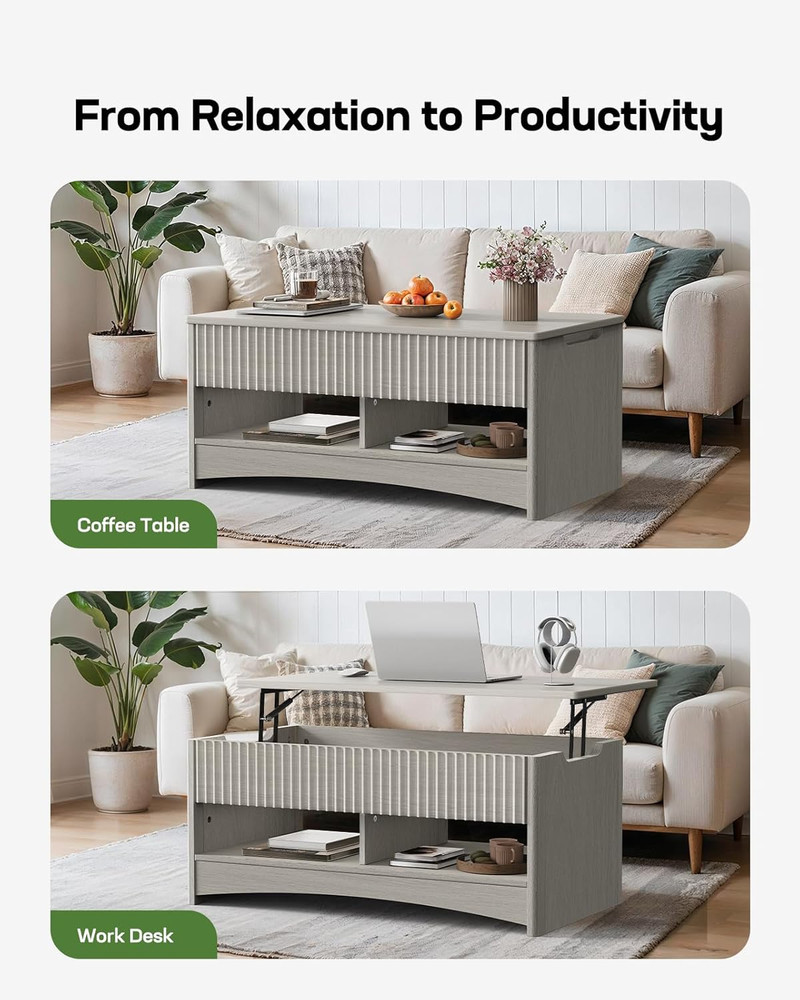 Modern Lift Top Coffee Table with Storage - Light Grey Fluted Design