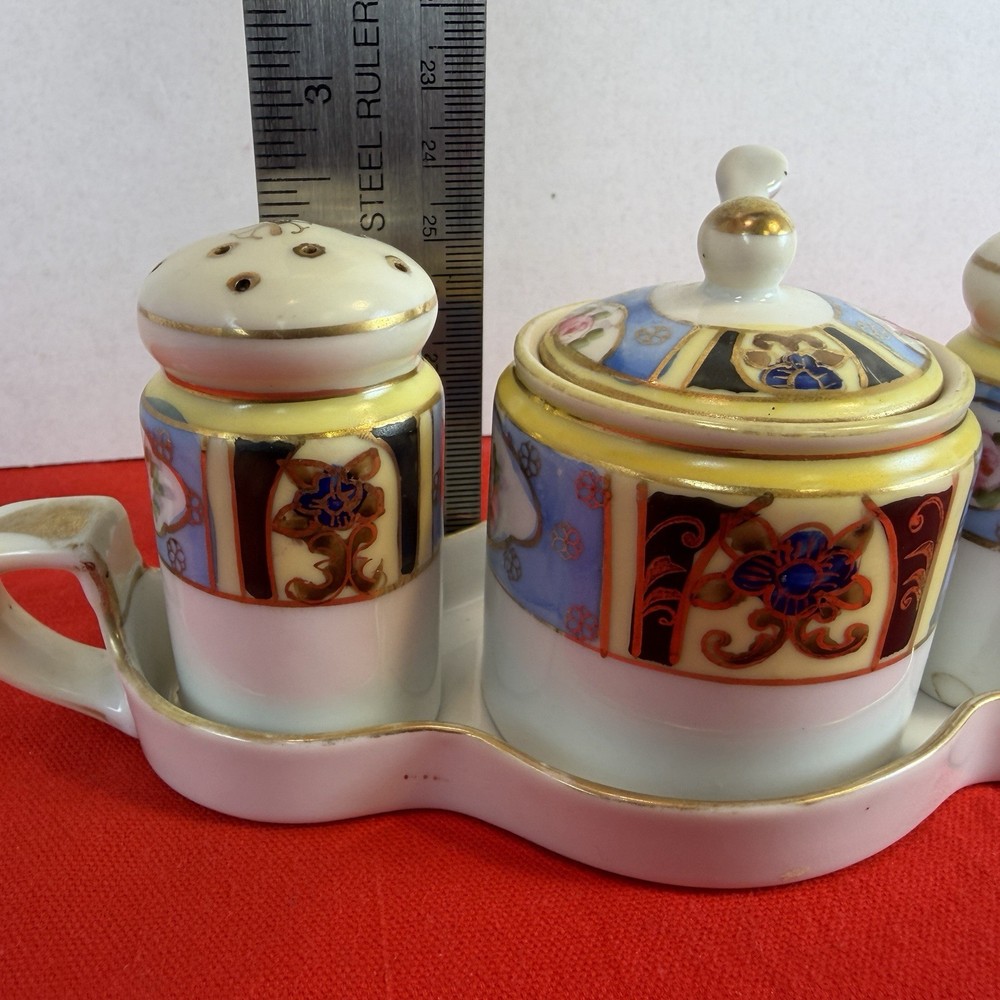 Noritake Lusterware Hand Painted Condiment Set Salt Pepper Jar Spoon Plate 6 Pc