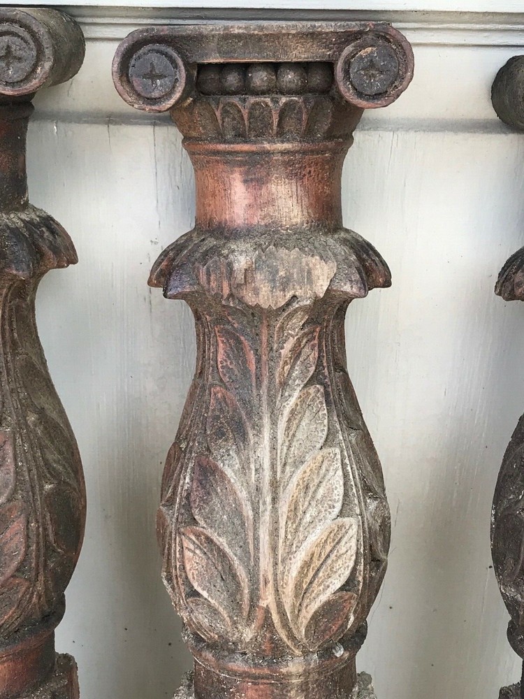 Set of 4 Solid Mahogany Carved Columns and Feet