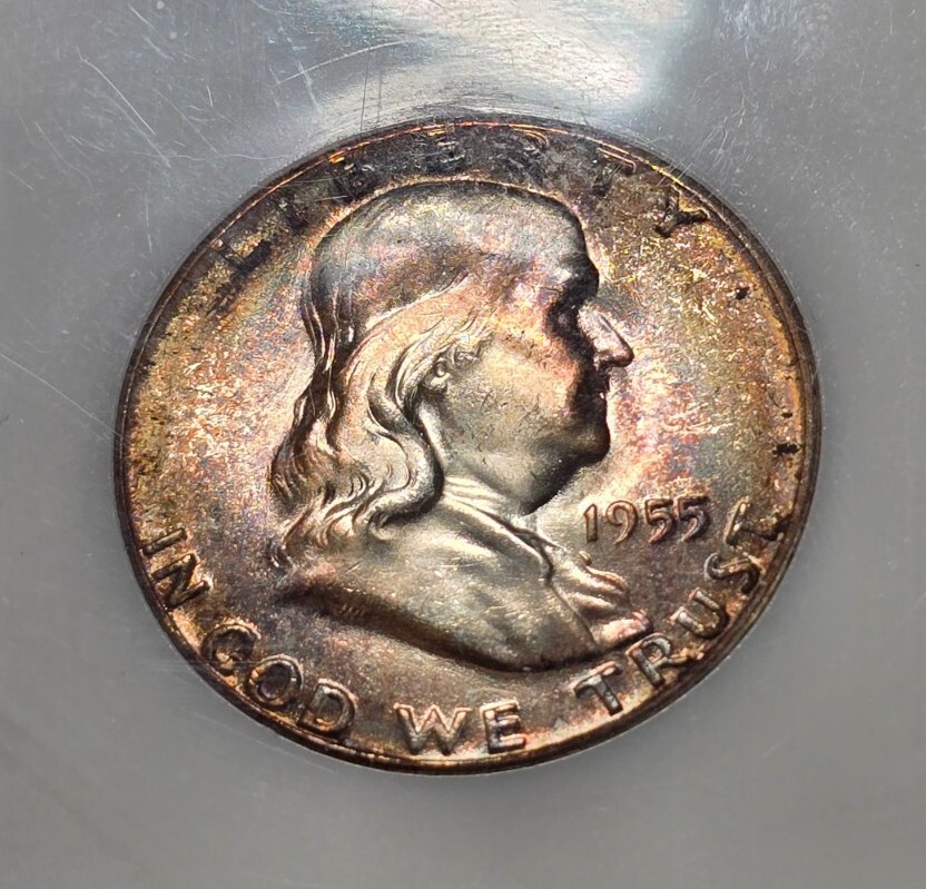 1955 Franklin Silver Half Dollar Bugs Bunny UNC Rainbow Toned PCI Color Toning