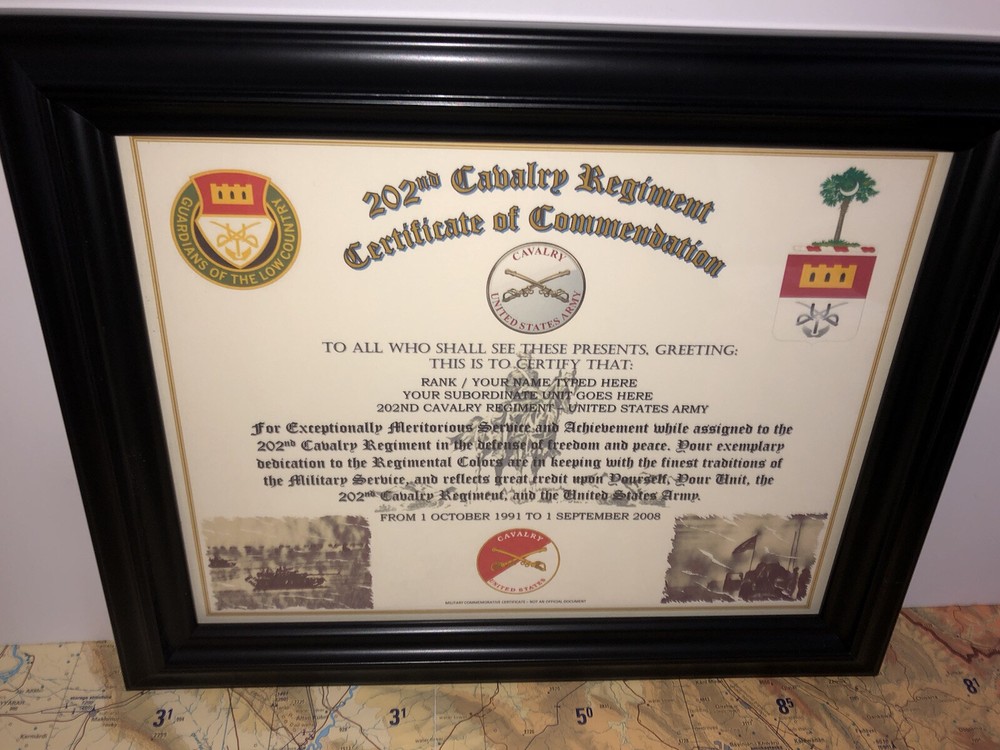 202ND U.S. CAVALRY REGIMENT / COMMEMORATIVE - CERTIFICATE OF COMMENDATION