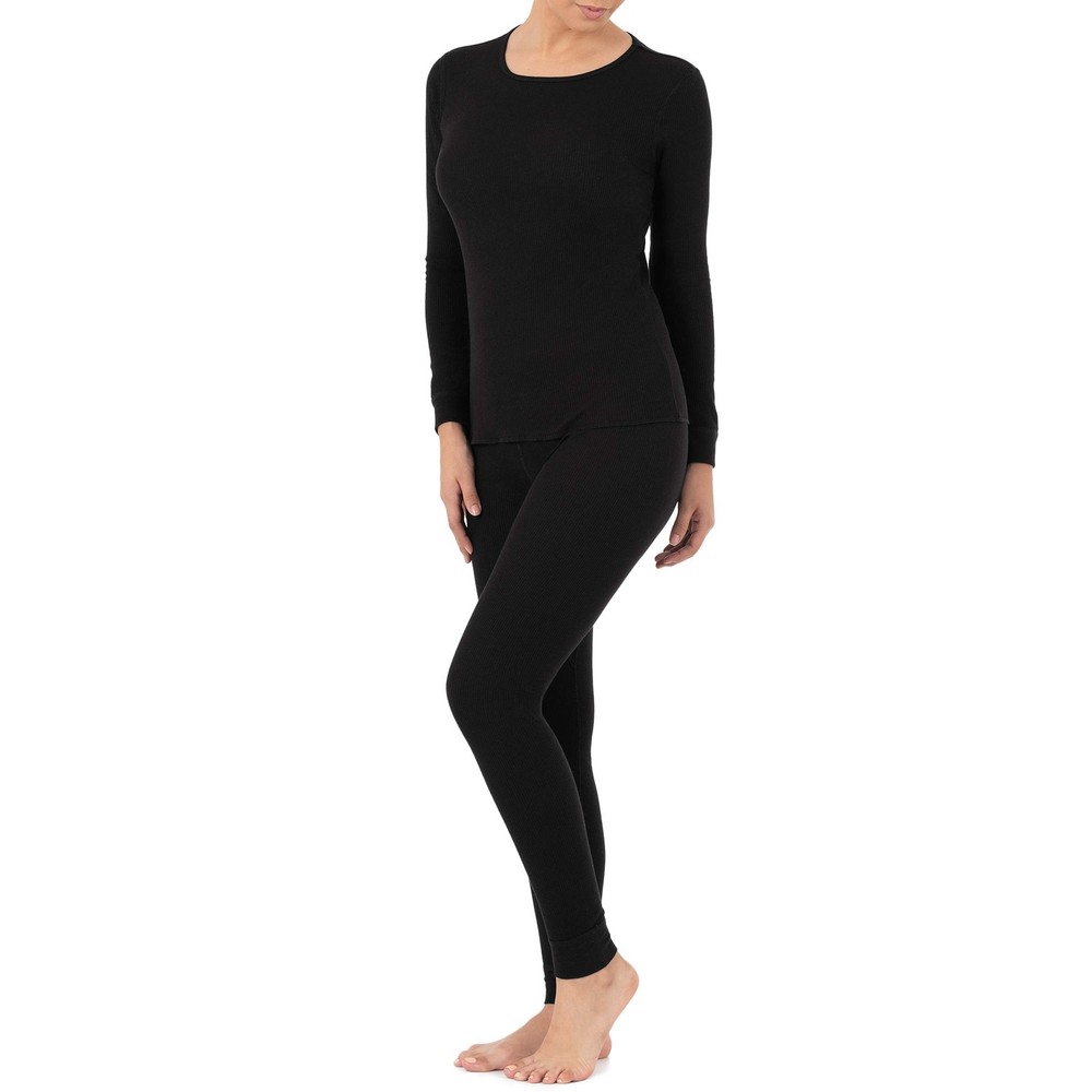Womens Micro Waffle Premium Thermal Pajama Set, Black, X-Small US