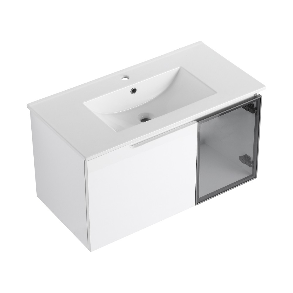 Modern Floating Bathroom Vanity w/ Ceramic Sink & Soft-Close Doors, Glossy White