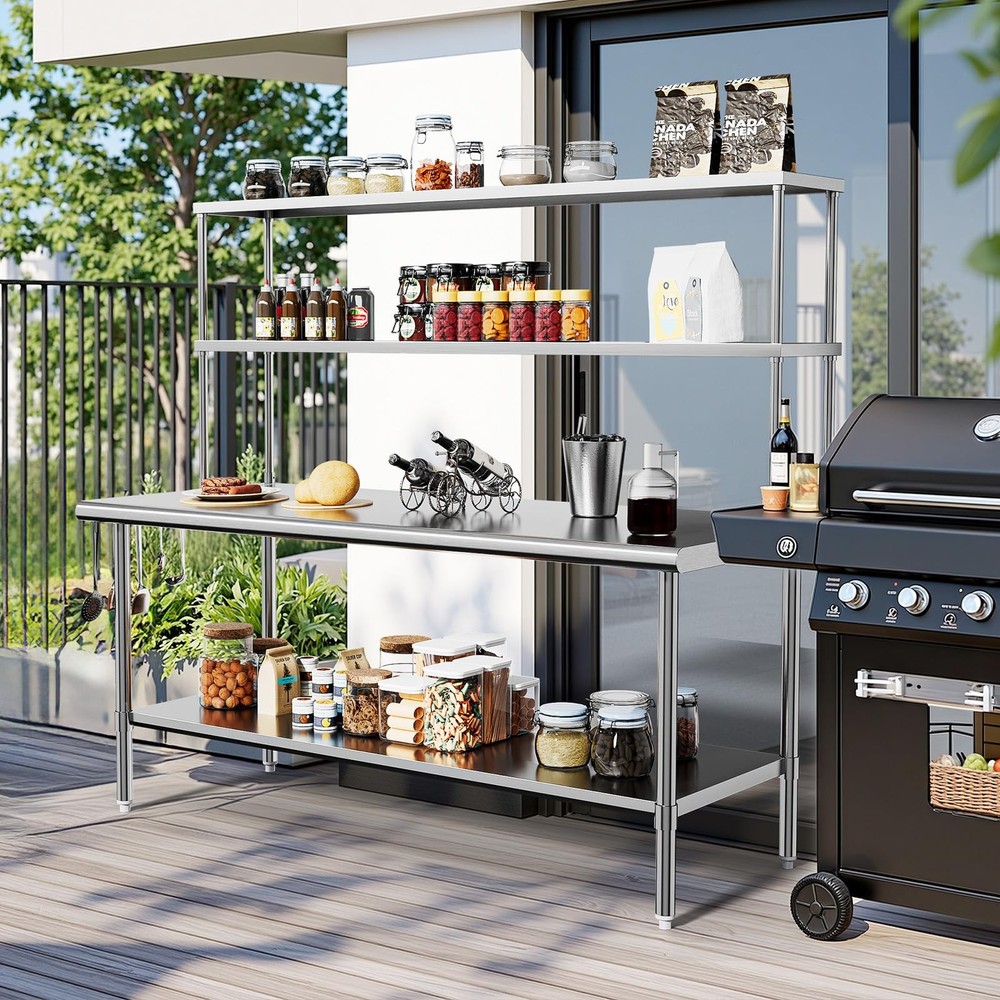 Heavy-Duty Metal Kitchen Prep Table with Removable Shelves & Detachable Hooks