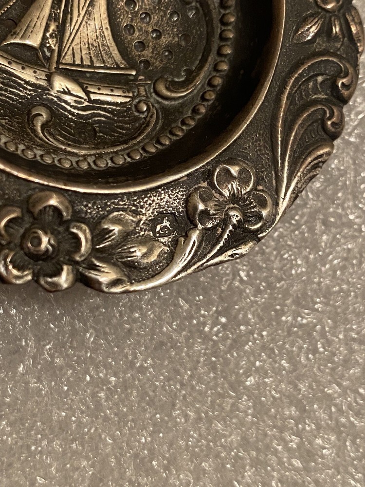 Very Fine Dutch Silver Hallmarked Repousse Tea Strainer Figural Sailing Ships