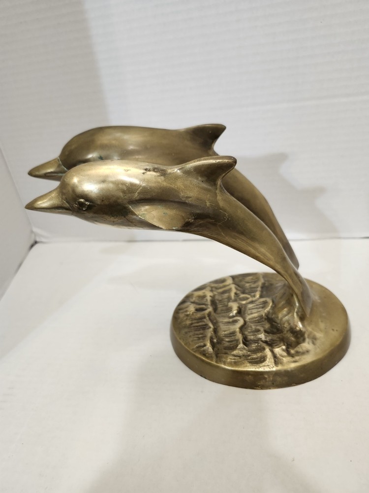 Two Brass Dolphins Leaping Over Waves Figurine 7.5 x 10.5