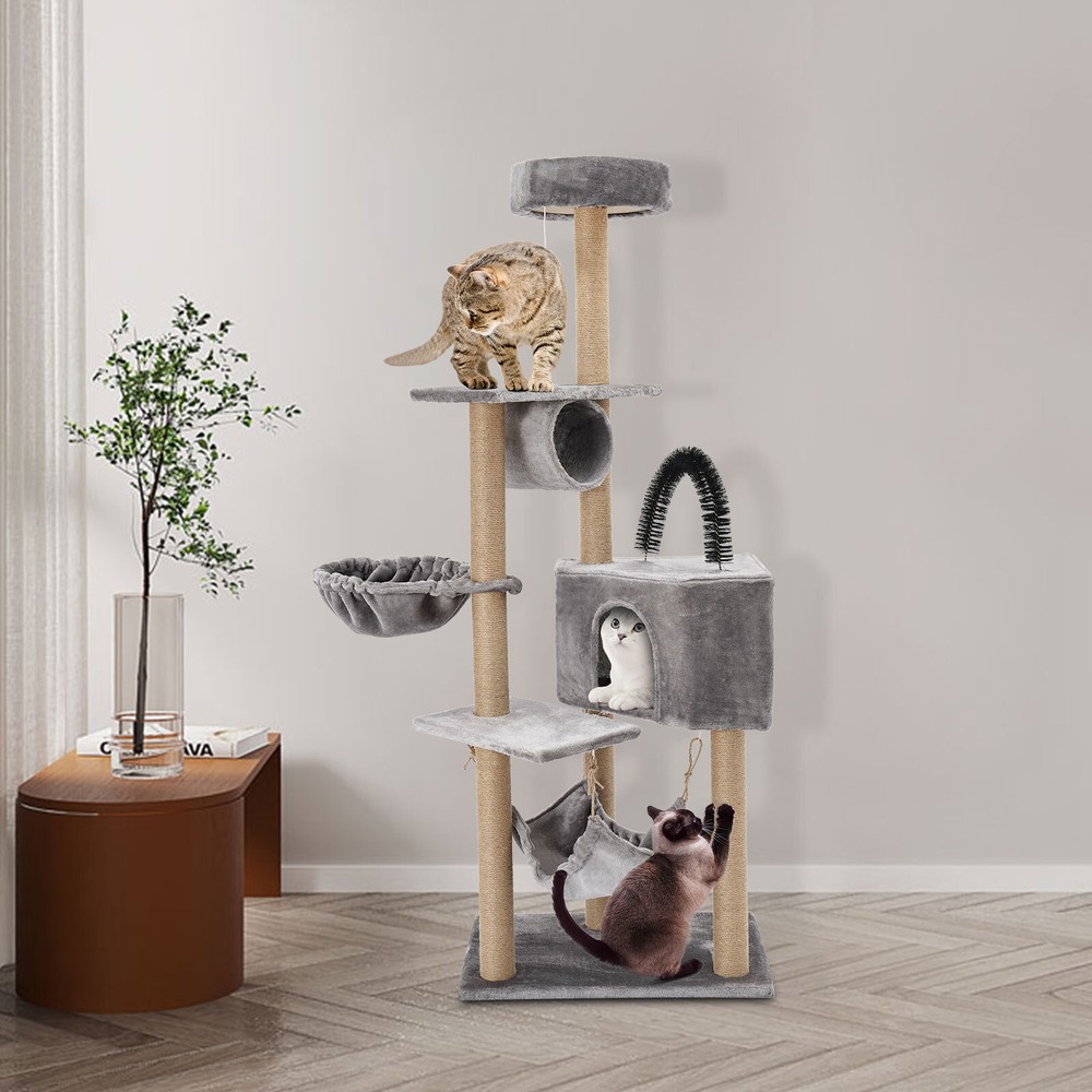 Floor Standing Scratching Post Multi-Level Cat Tower Climbing Frame Silvery Grey