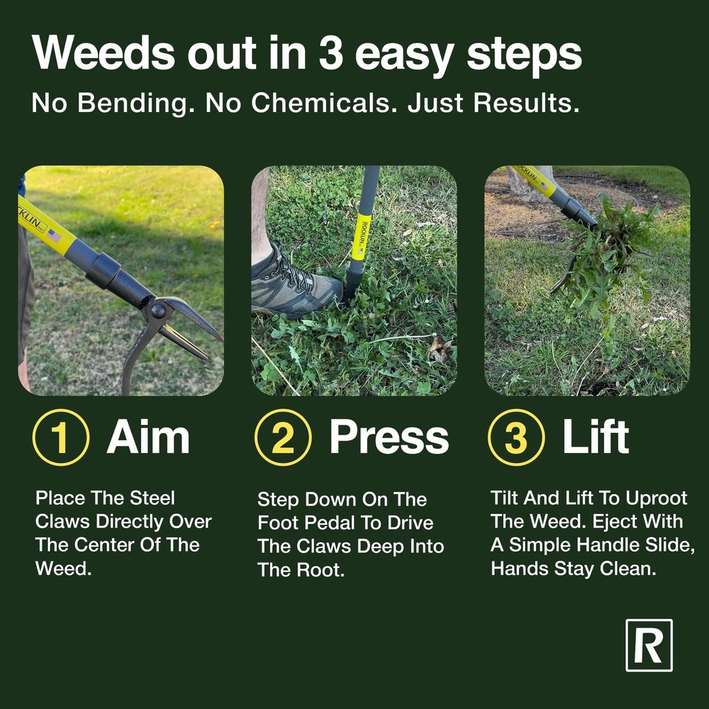 Rocklin™ Stand Up Weed Puller Tool - 4 Claw Steel Head - 48 inch Handle -