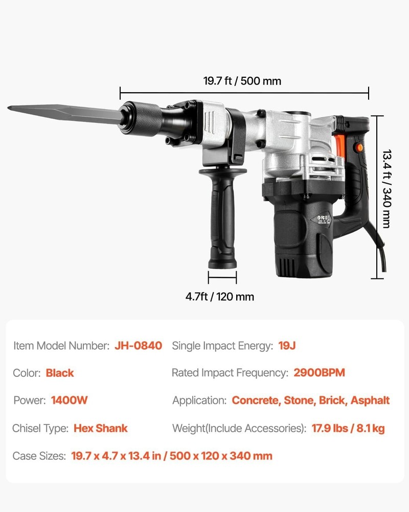Heavy Duty 1400W Jackhammer with Shock Absorbing Handle & 2 Chisel Bits Included