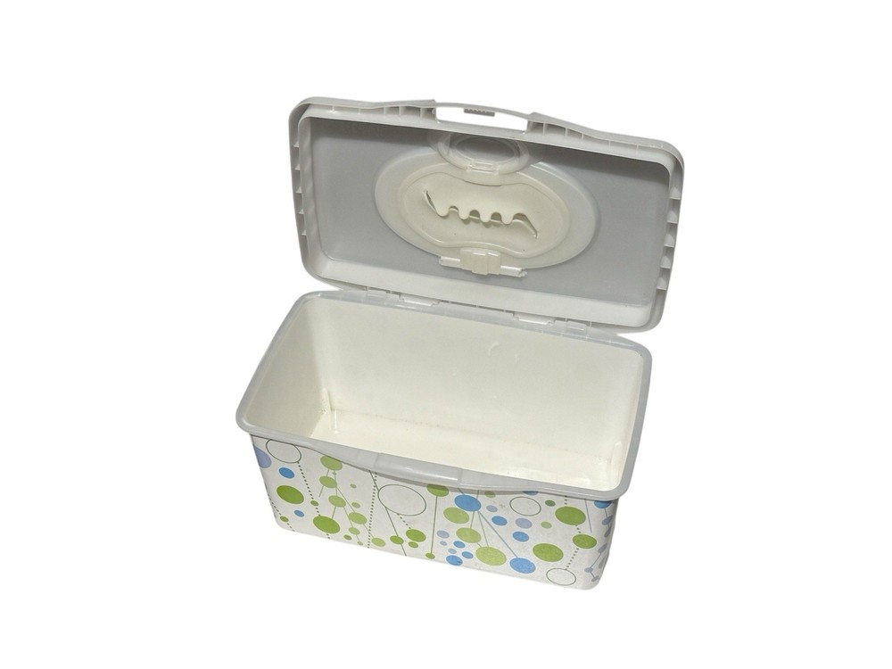 Empty Hard Plastic Baby Wipe Container Green Blue Dots Circles Refillable