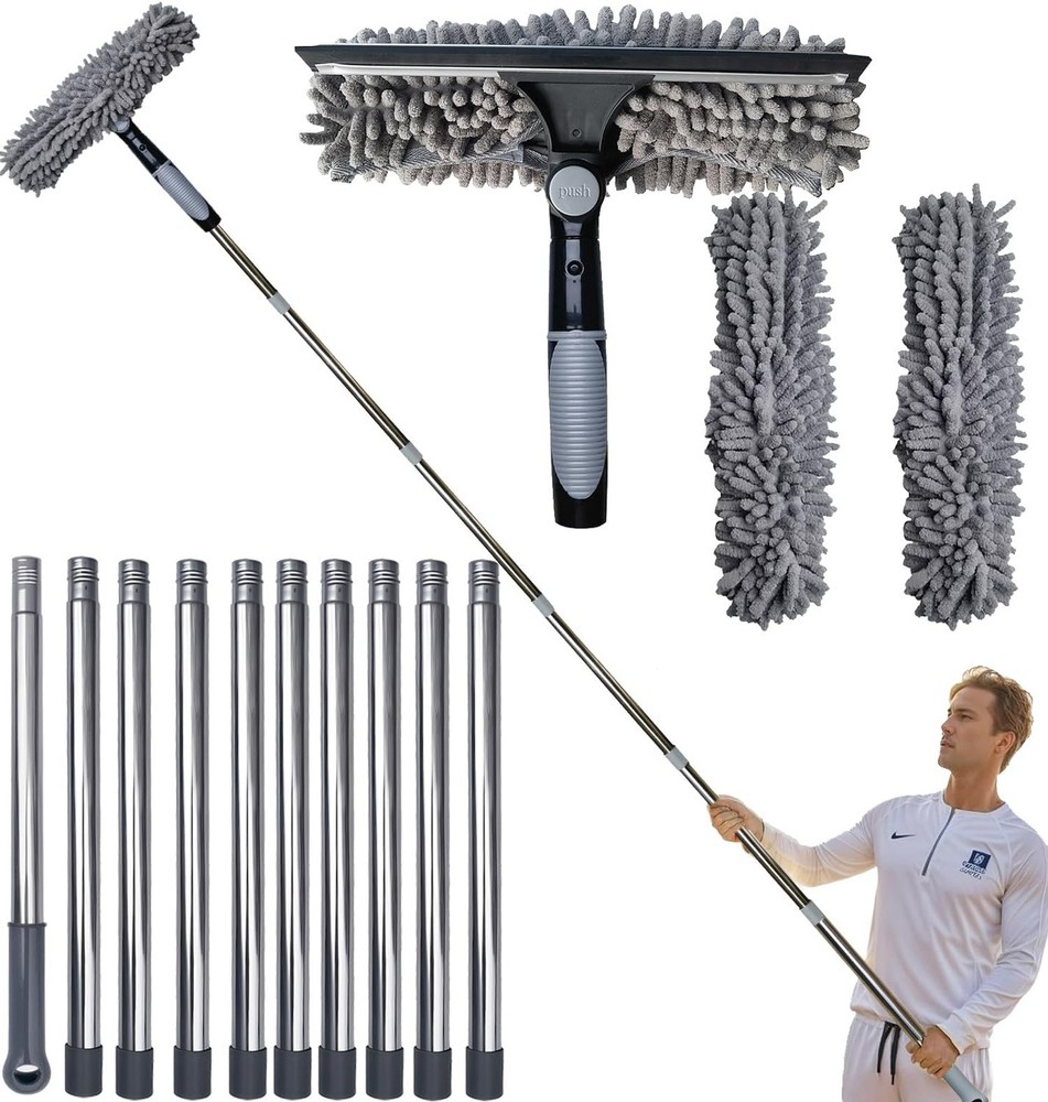 20ft+ Window Cleaner Squeegee 2-in-1 Rotatable Tool with Duster Extension NEW
