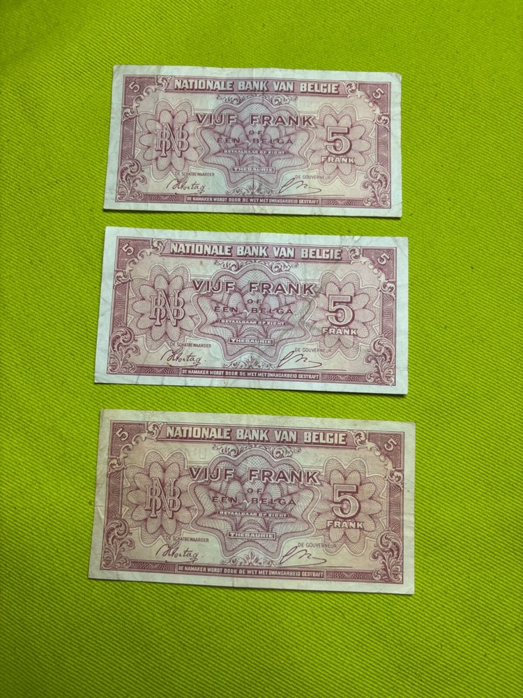 Belgium 5 Francs Lot 6 Notes