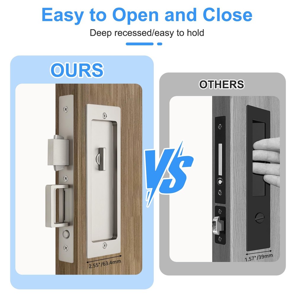 Rectangular Privacy Pocket Door Mortise Lock and Edge Pull, Narrow Modern Sli...