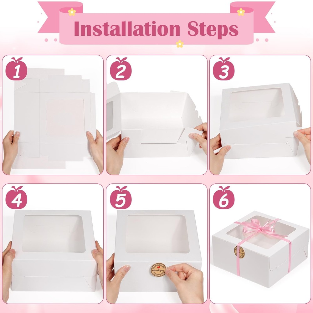 26pcs 8x8x4 Inches Cake Boxes White Bakery Boxes, White Bread Boxes with Wind...