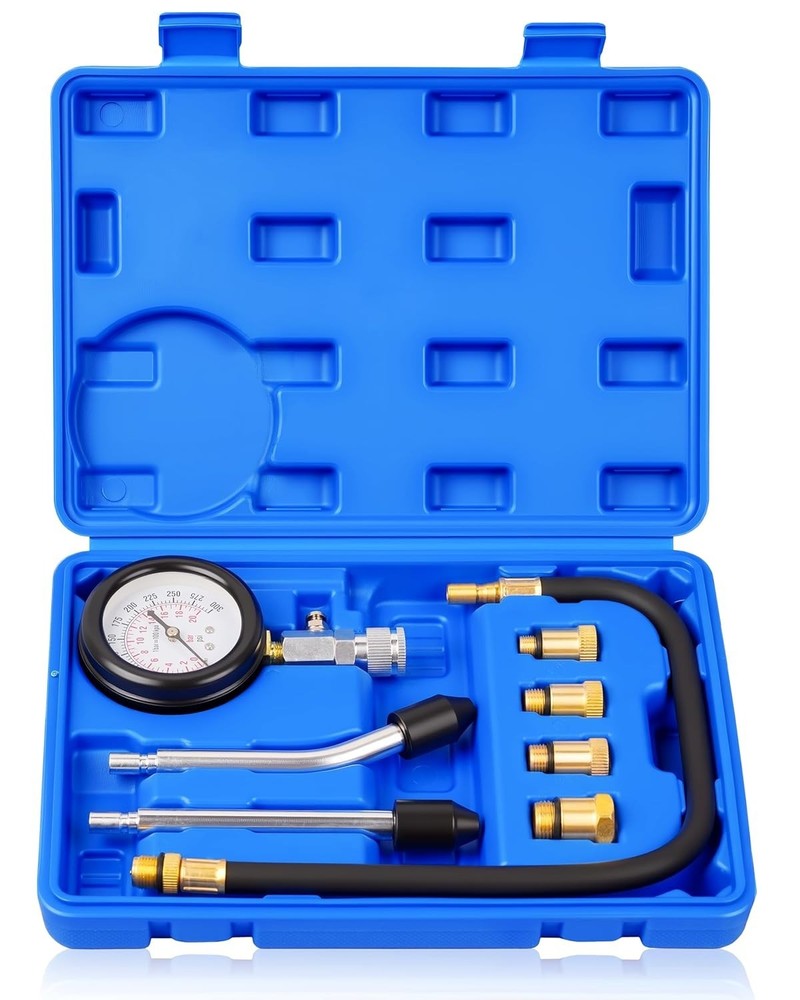 Portable Engine Compression Tester with Dual Color Gauge & Multiple Adapters