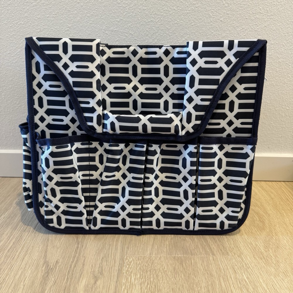 Craft Hobby Bag Sturdy Handles EUC Pockets Zippers Blue White Structured Bottom