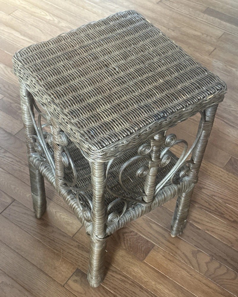 Vintage Victorian Shabby Boho Chic Peacock Wicker Rattan 2-Tier Table Scroll