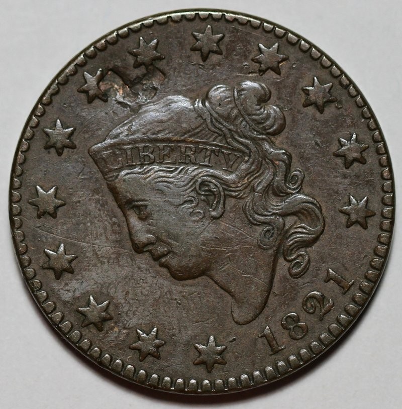 1821 Coronet Head Large Cent - Damage - US 1c Copper Coin