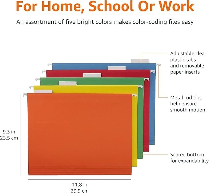 Basics Hanging Organizer File Folder for Efficient Filing Assorted Colors 25pack