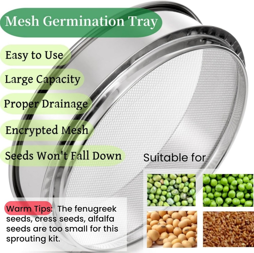 9" Stackable Stainless Steel Seed Sprouting Kit, 3-Tier Mesh Germination Tray, S
