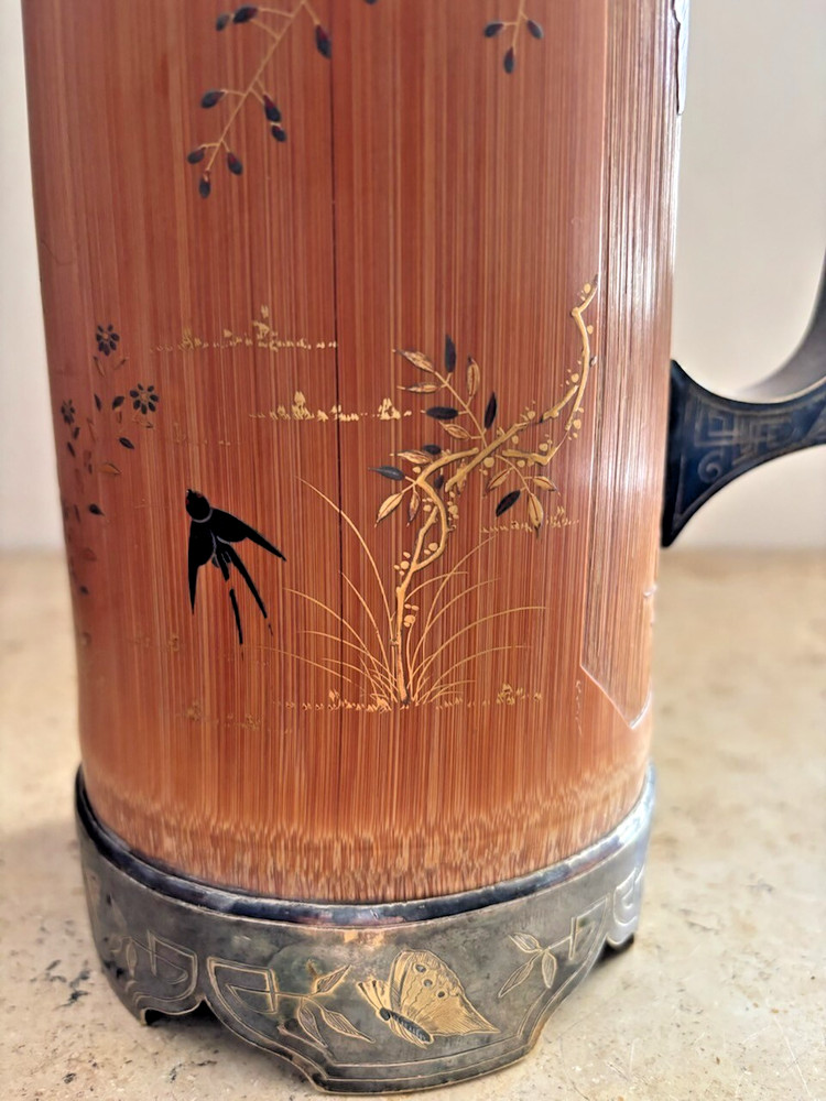 AESTHETIC MOVEMENT SILVER AND CARVED BAMBOO PITCHER